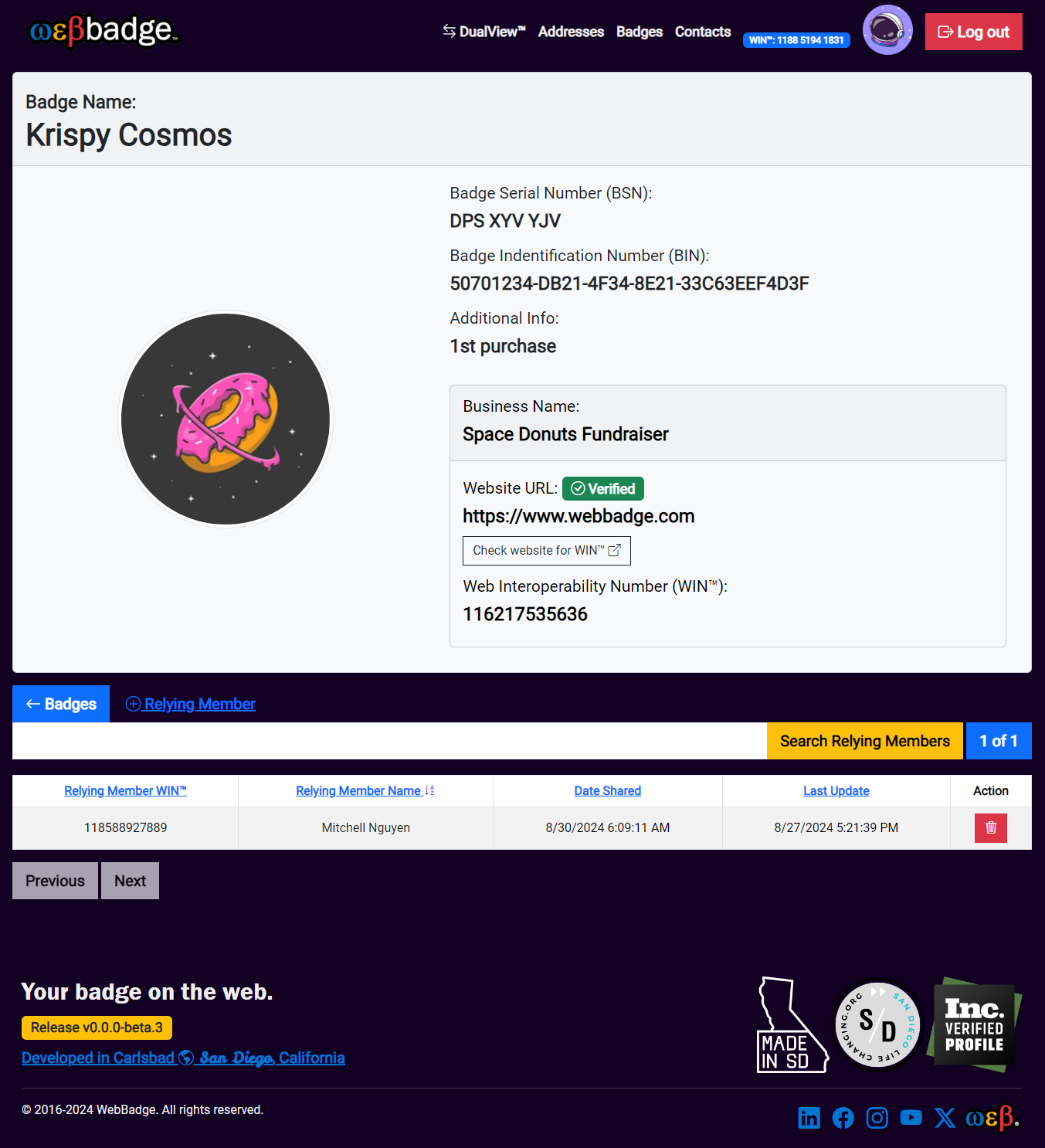 WebBadge™ Screenshot with BIN (Badge Identification Number)